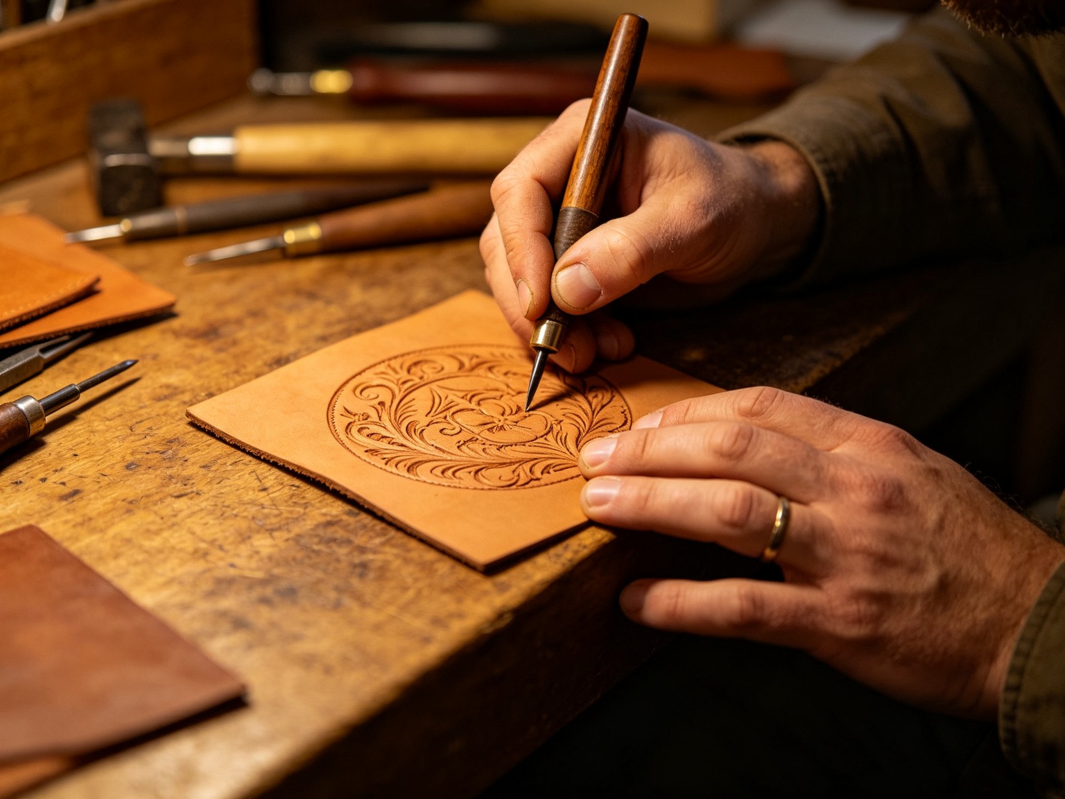 A craftsman's hands carefully engraving leather with traditional tools in a warm workshop setting