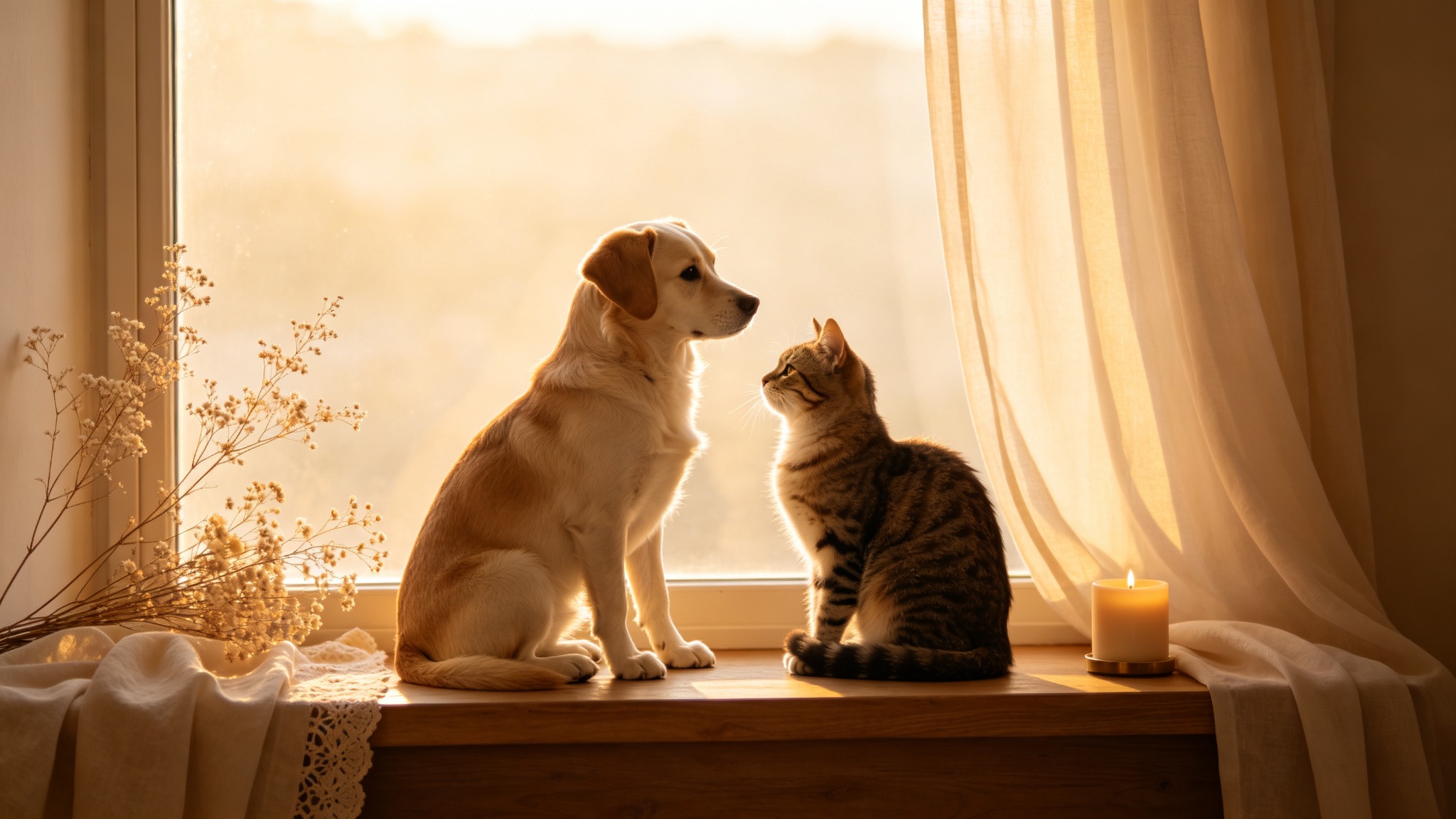 A golden retriever and tabby cat sitting together on a windowsill in warm golden hour light, symbolizing the enduring bond between pets and their families