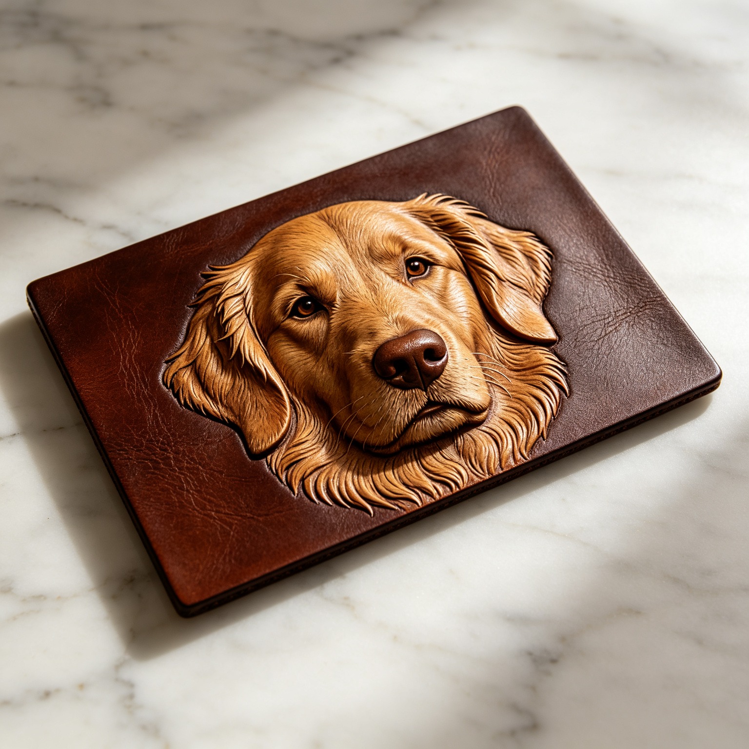 A detailed 3D relief engraving of a golden retriever on rich dark brown full-grain leather, showcasing artisan craftsmanship