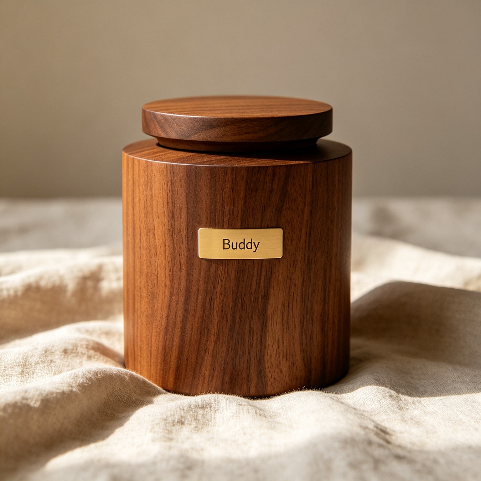 An elegant handcrafted walnut wood pet urn with a personalized brass name plate, resting on soft linen fabric