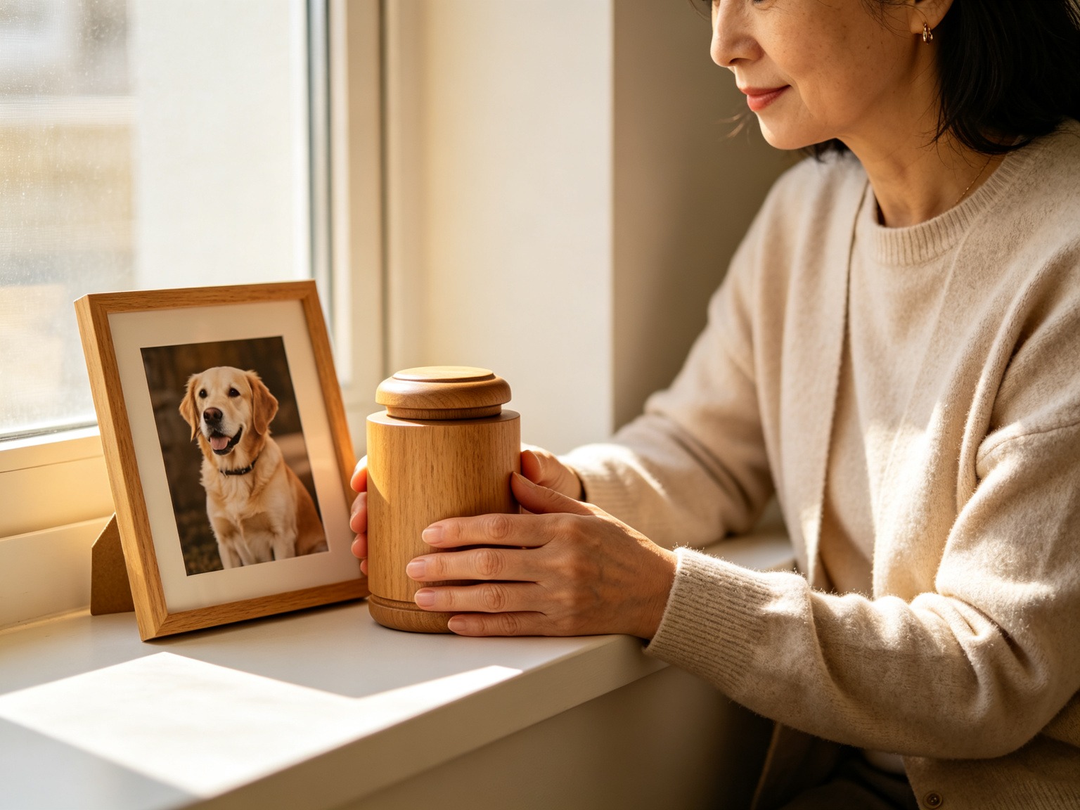 A woman gently holding a small wooden pet urn beside a framed photo of her dog