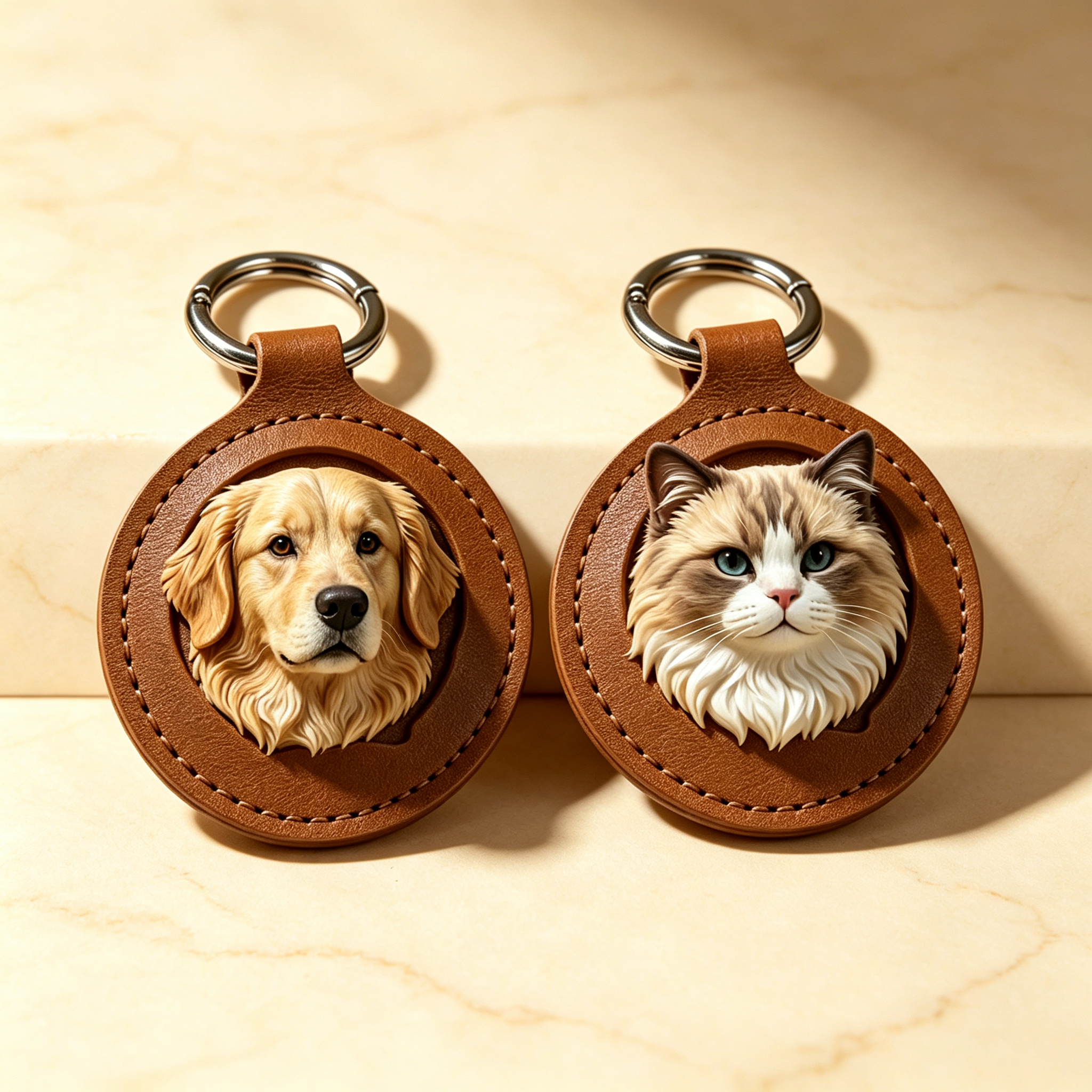 3D leather carved dog and cat keychain set — Golden Retriever and Ragdoll cat