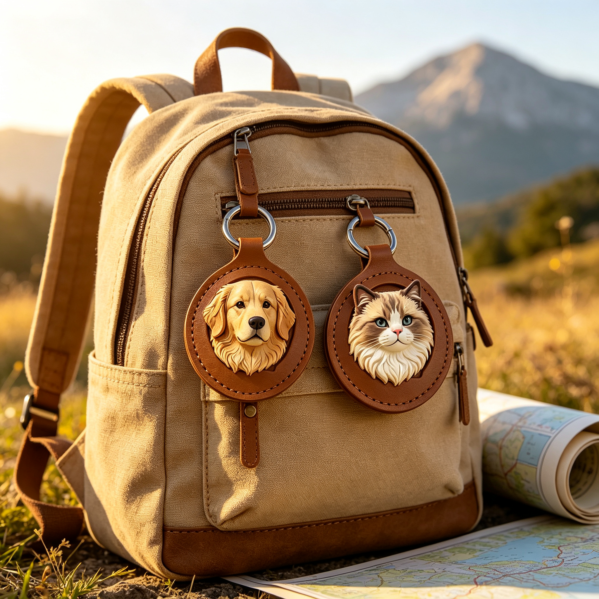 3D leather dog and cat keychain hanging on a canvas backpack as a bag charm