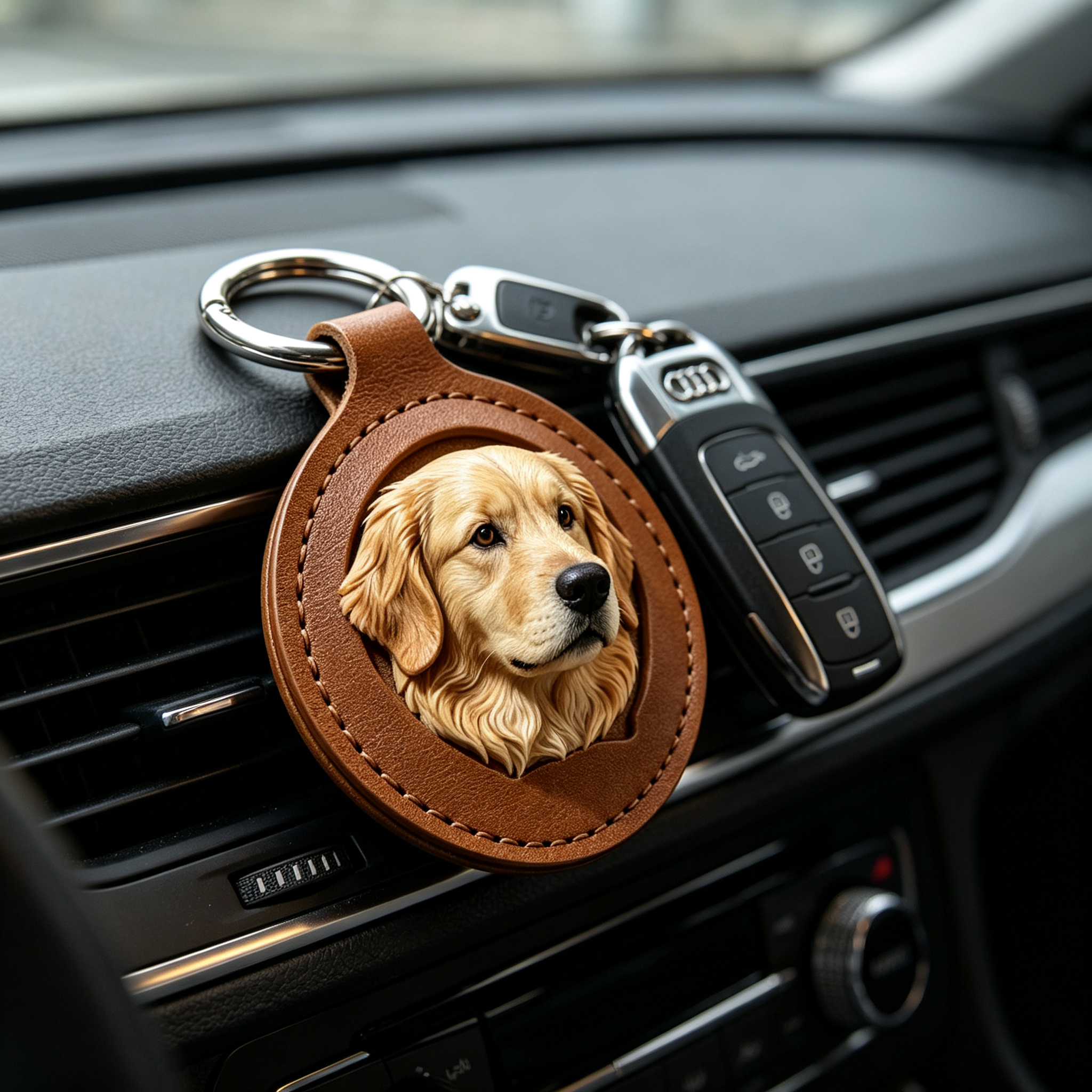 3D leather Golden Retriever dog keychain attached to car keys on a car dashboard