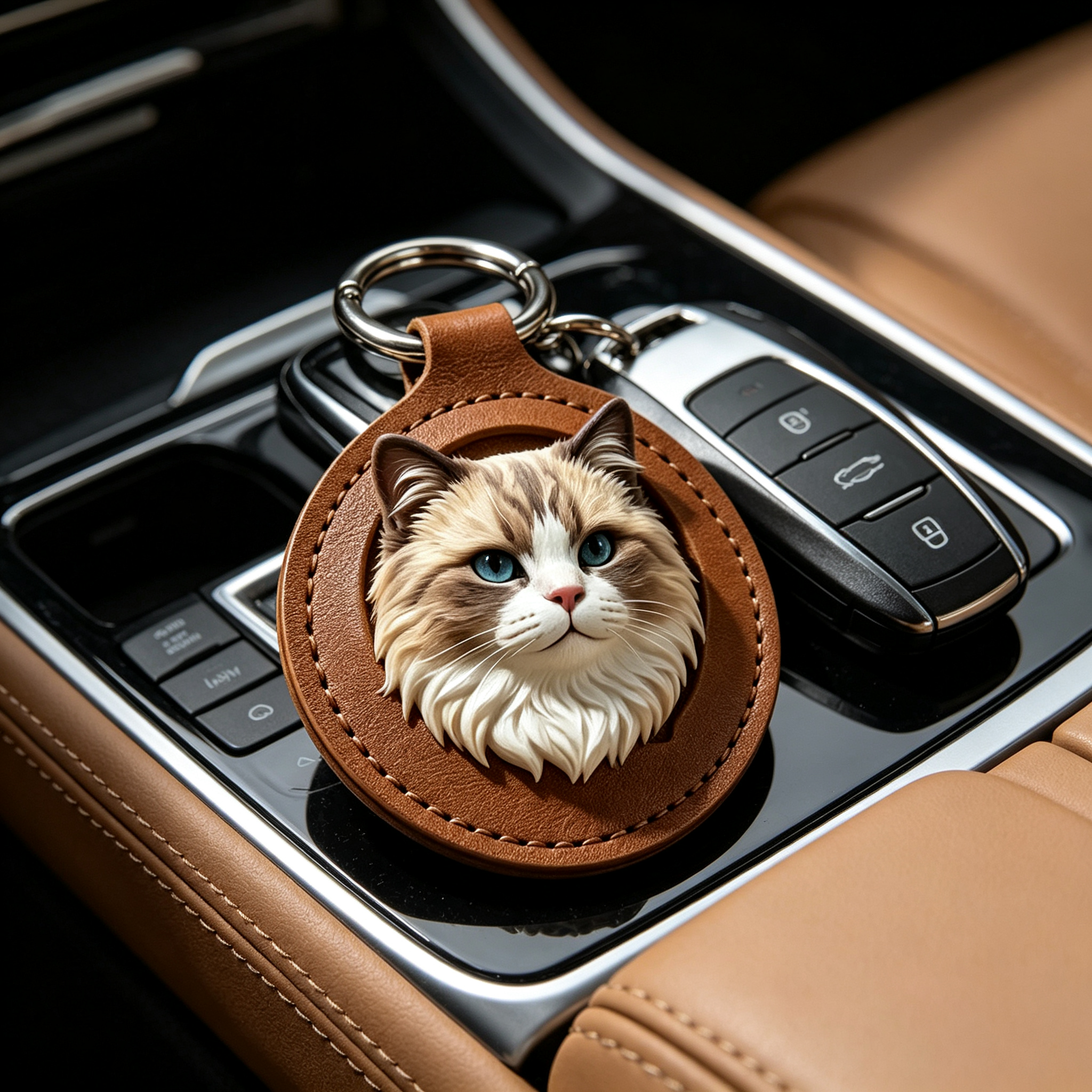 3D leather Ragdoll cat keychain attached to car keys on a car center console
