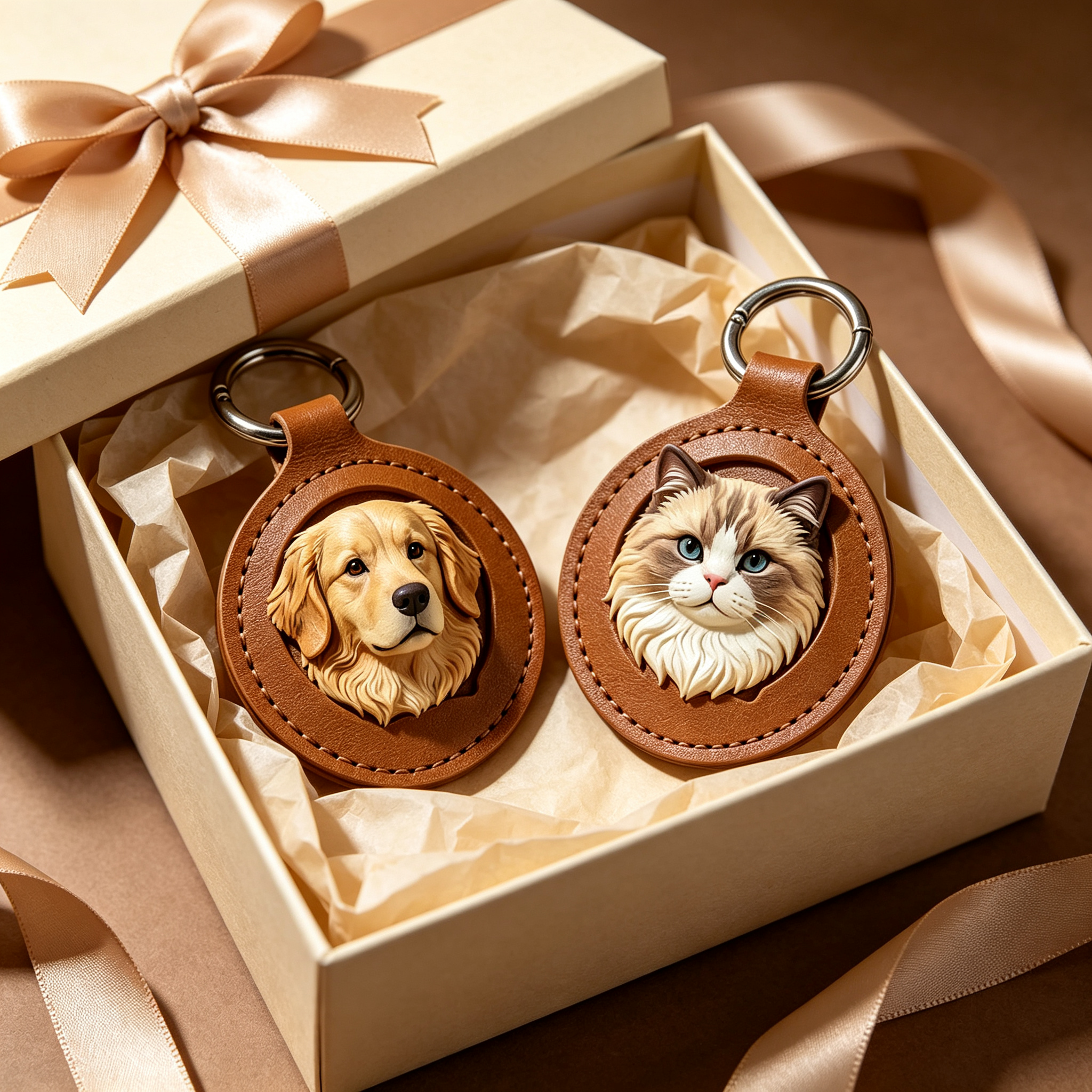 3D leather dog and cat keychain gift set in an elegant gift box with ribbon