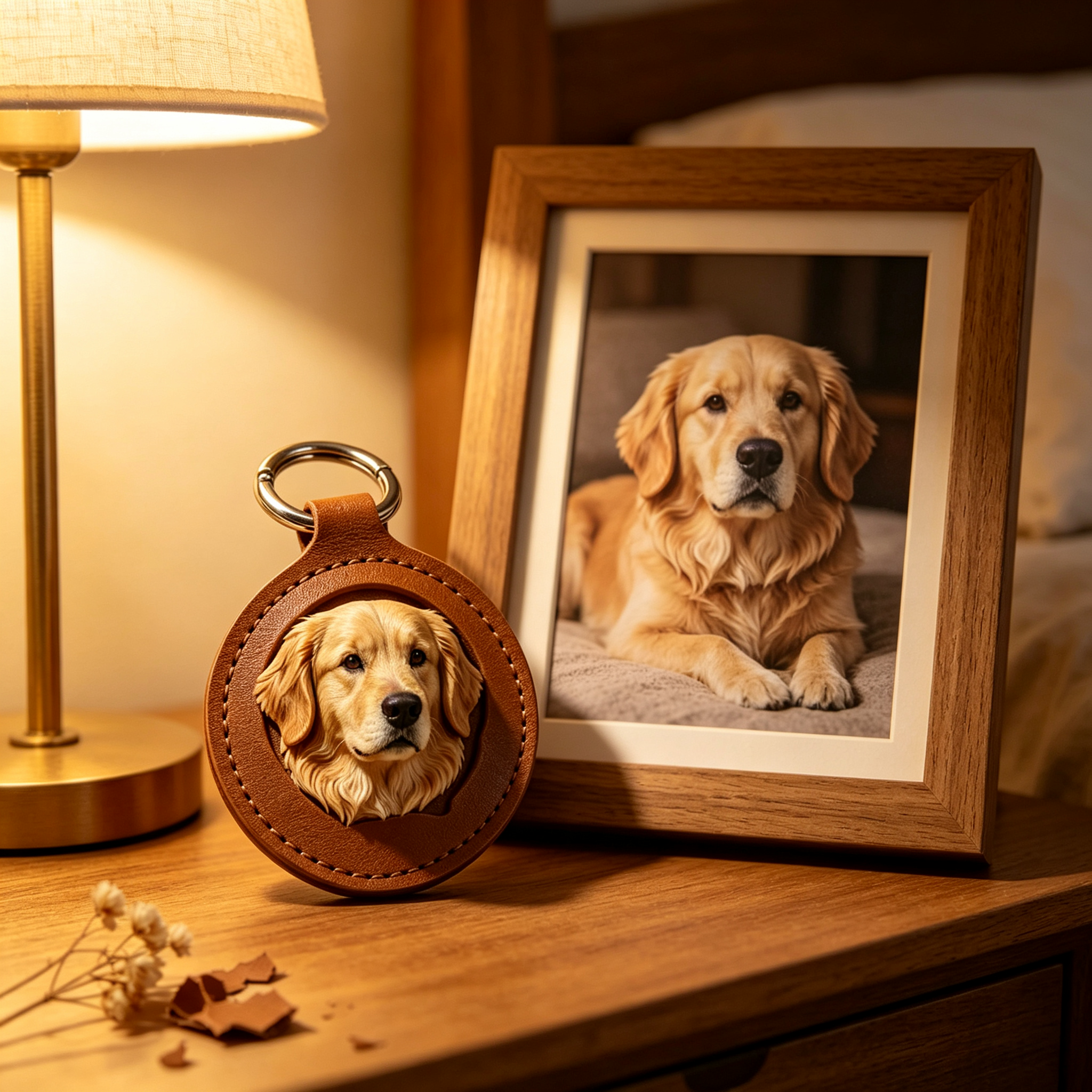 3D leather Golden Retriever dog keychain beside a framed pet photo as a pet memorial keepsake
