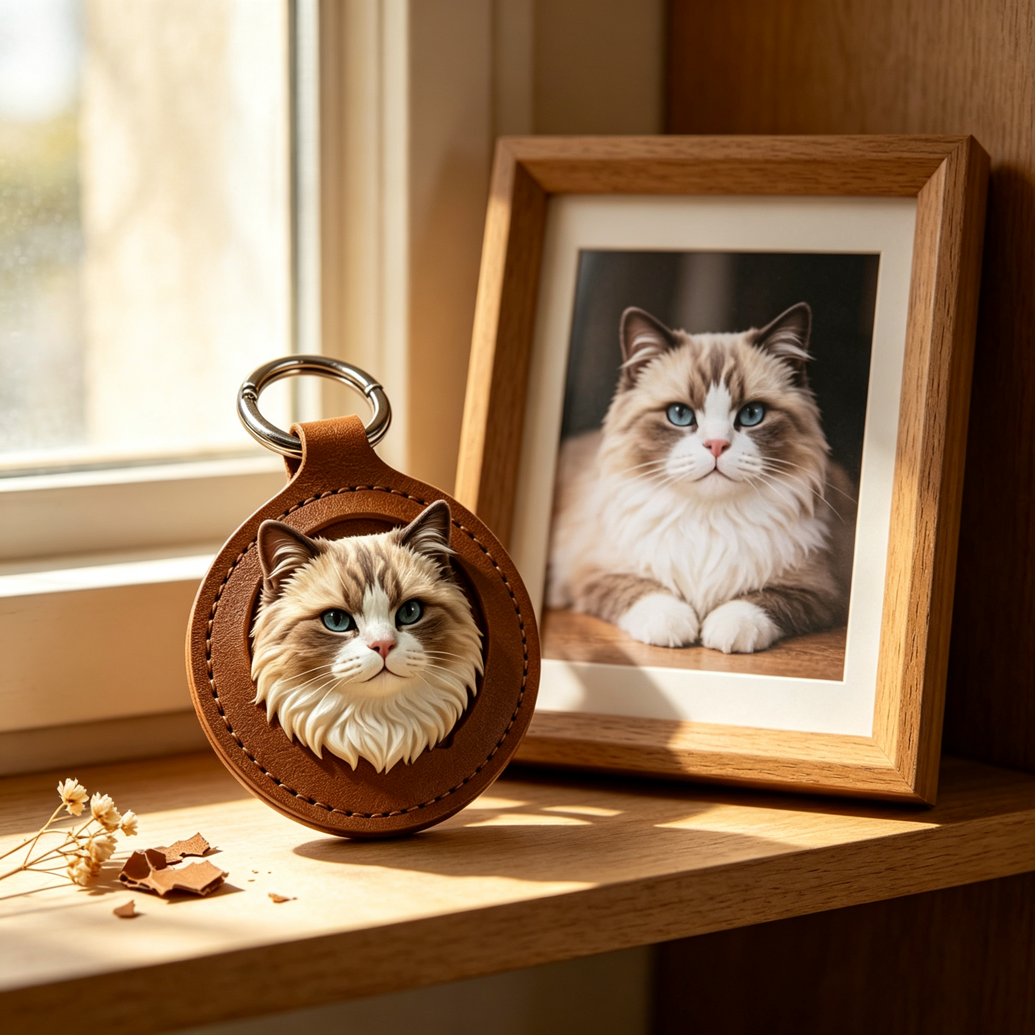 3D leather Ragdoll cat keychain beside a framed cat photo as a pet memorial keepsake