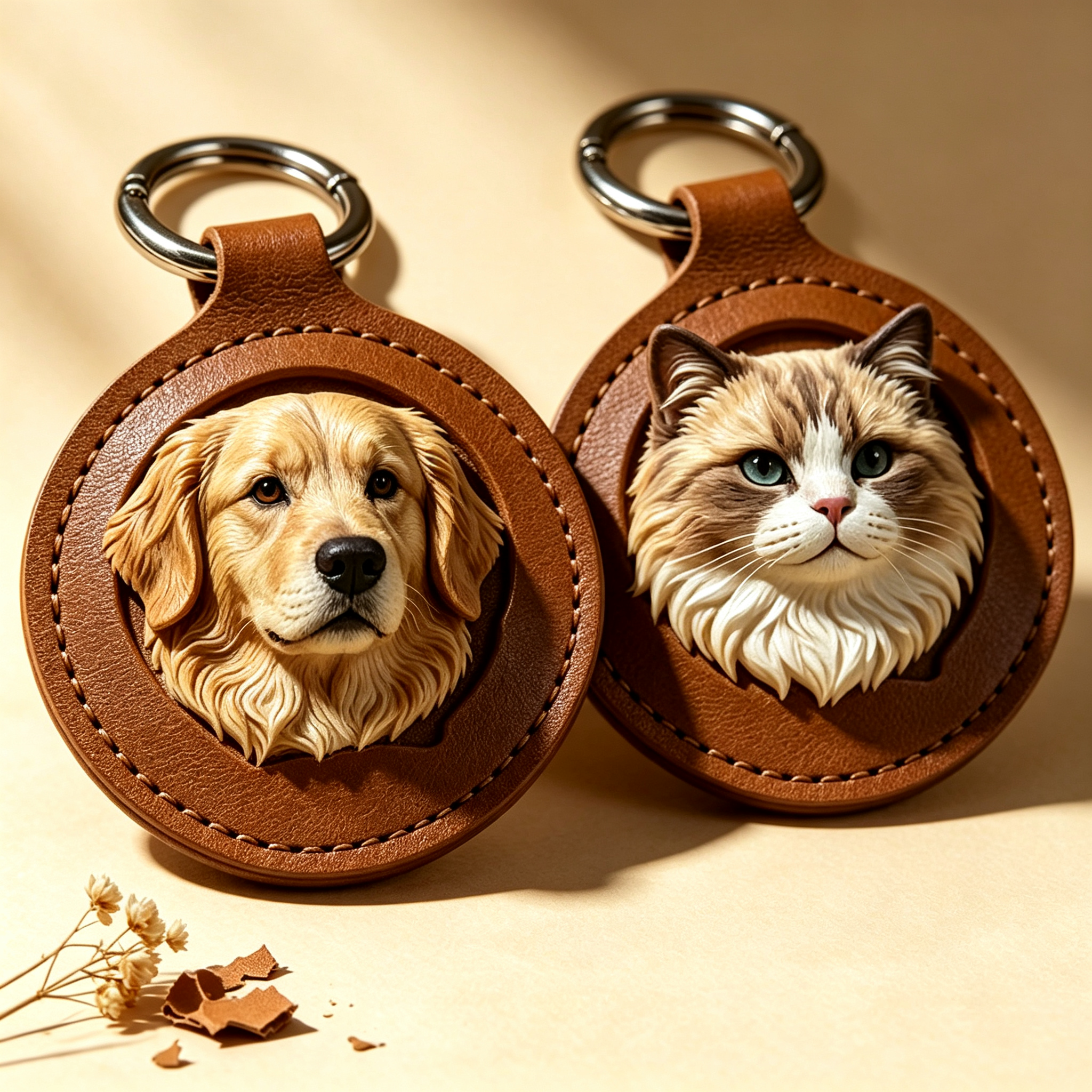 3D leather Ragdoll cat keychain beside a framed cat photo as a pet memorial keepsake