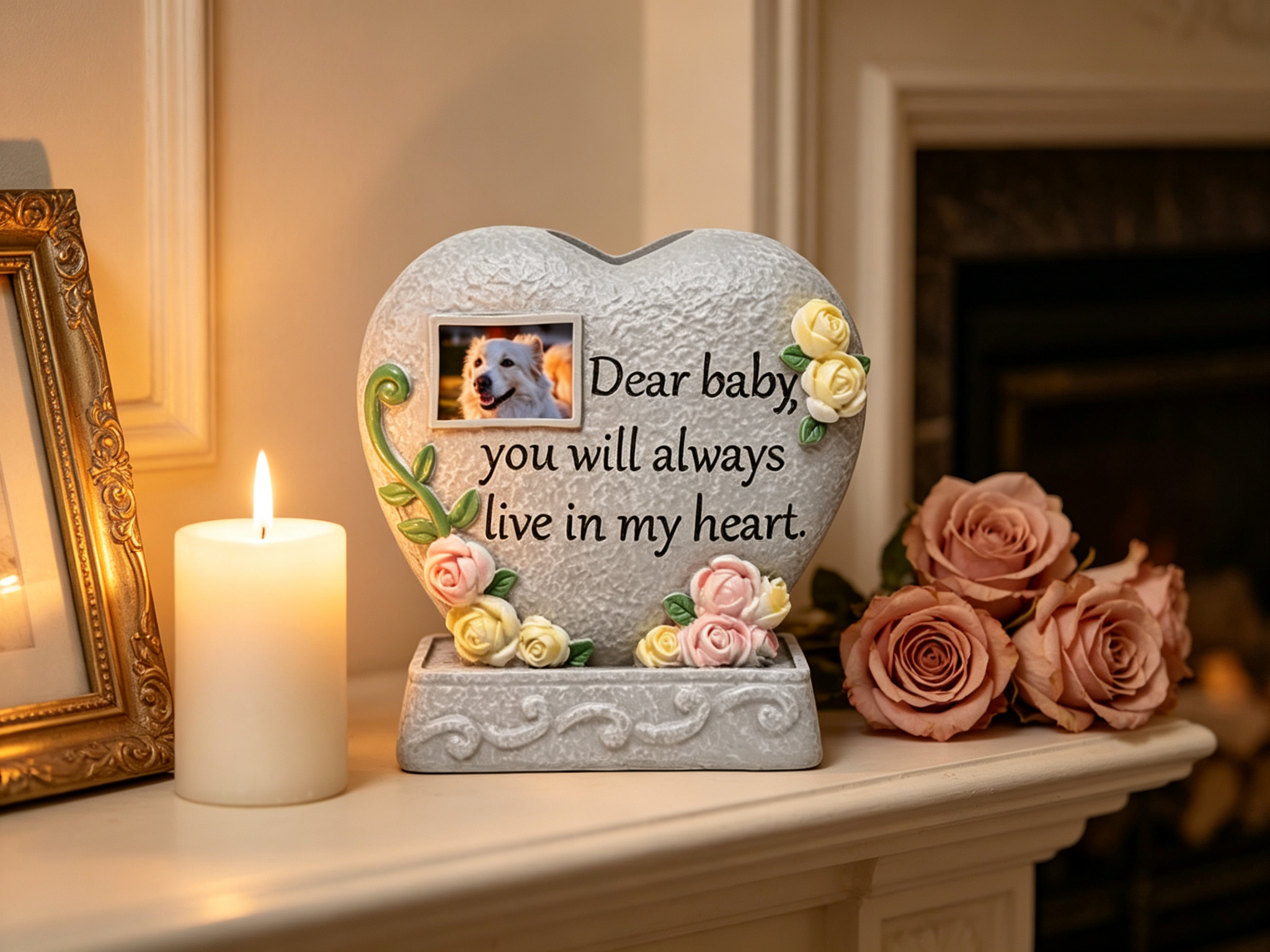 Heart shaped resin pet memorial stone on a fireplace mantel with candle and pet photo β dog memorial urn for home