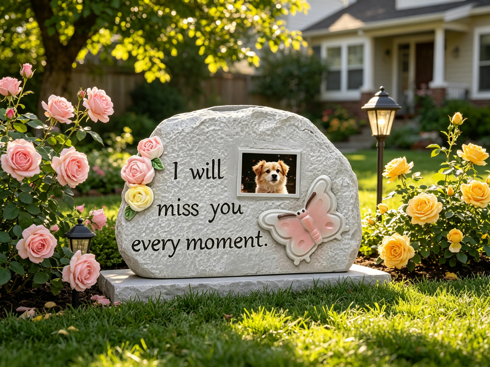 Natural garden stone pet memorial marker in a backyard rose garden β outdoor pet urn for dogs and cats