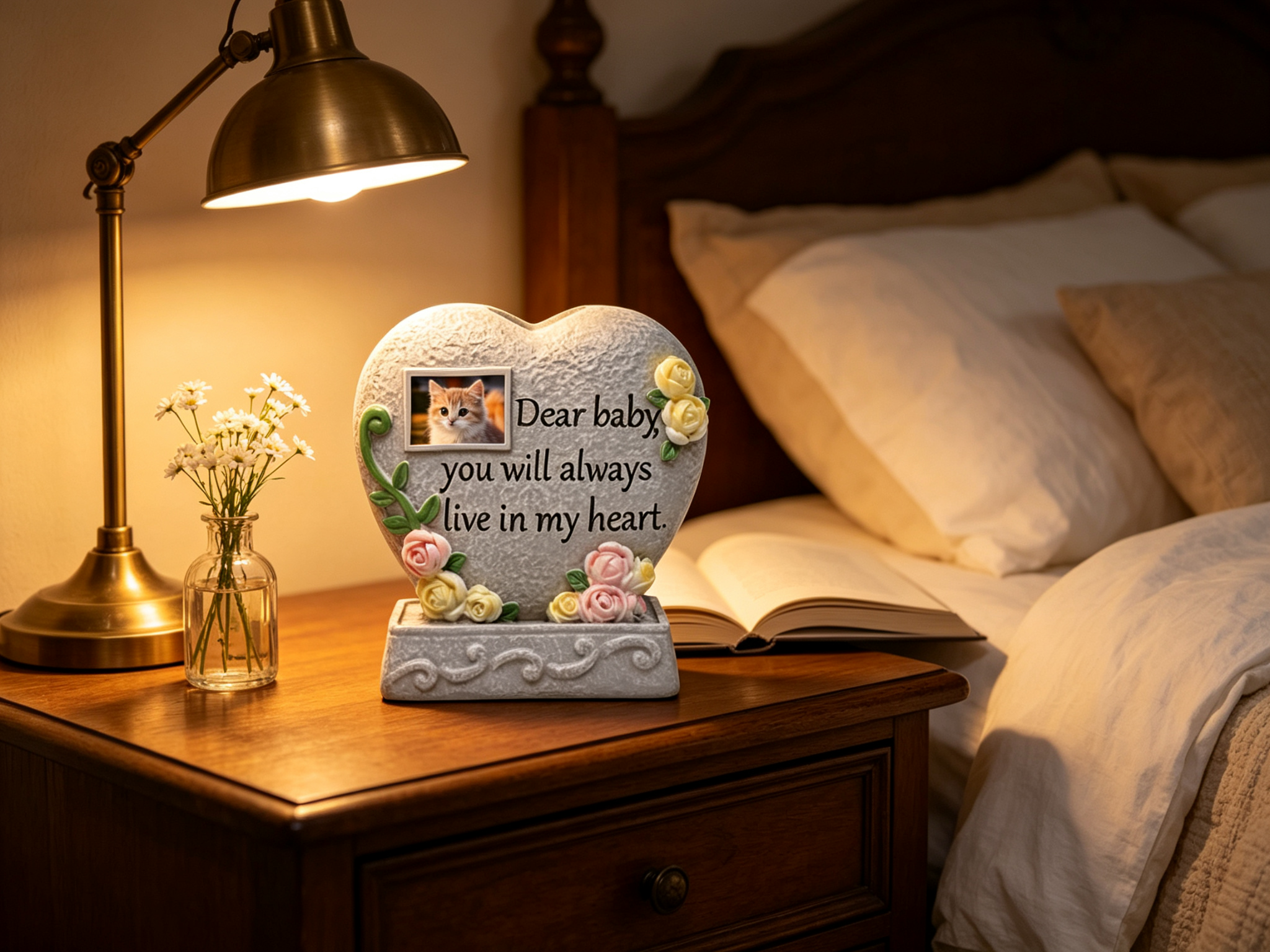 Heart shaped cat memorial urn on a wooden nightstand with warm lamp light β pet keepsake for bedroom