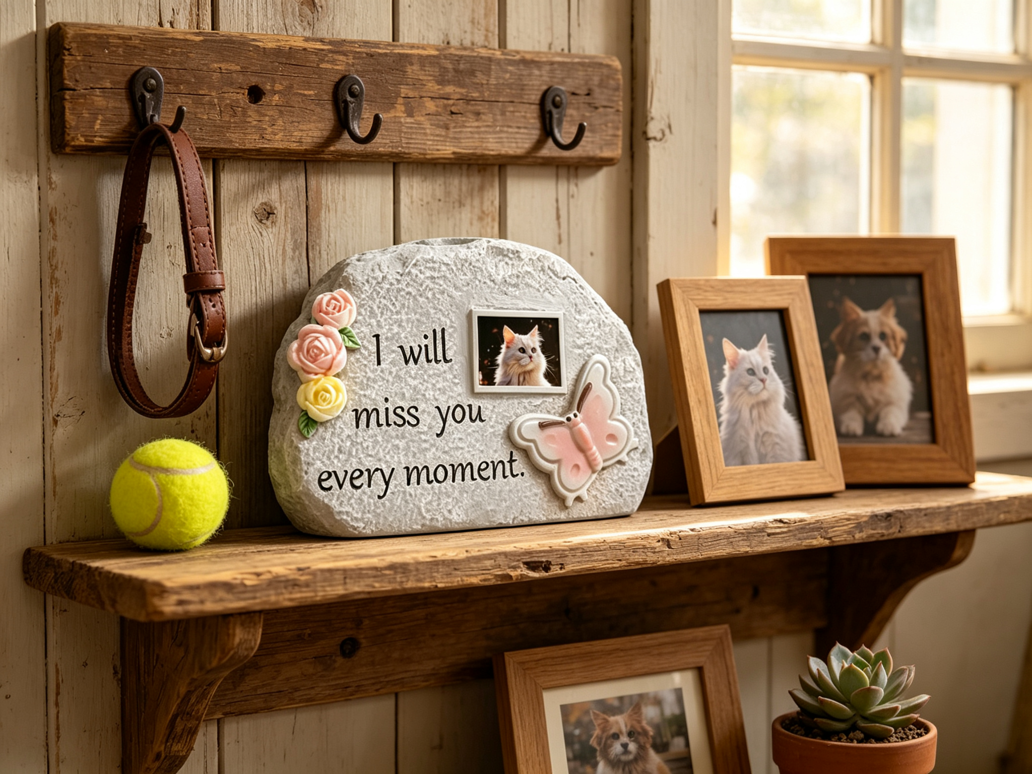 Pet memorial stone on a rustic memory shelf with collar, toy, and pet photos β pet keepsake display