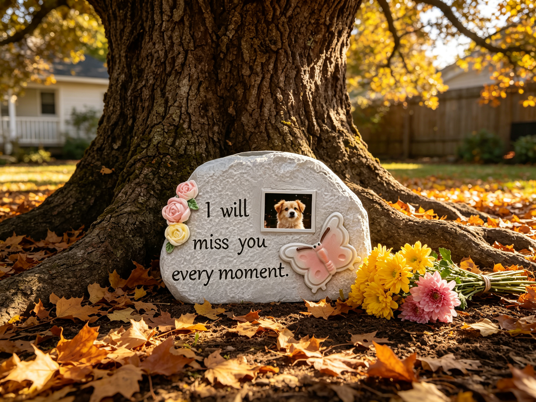 Garden stone pet memorial under an oak tree with autumn leaves and flowers β pet burial marker in backyard