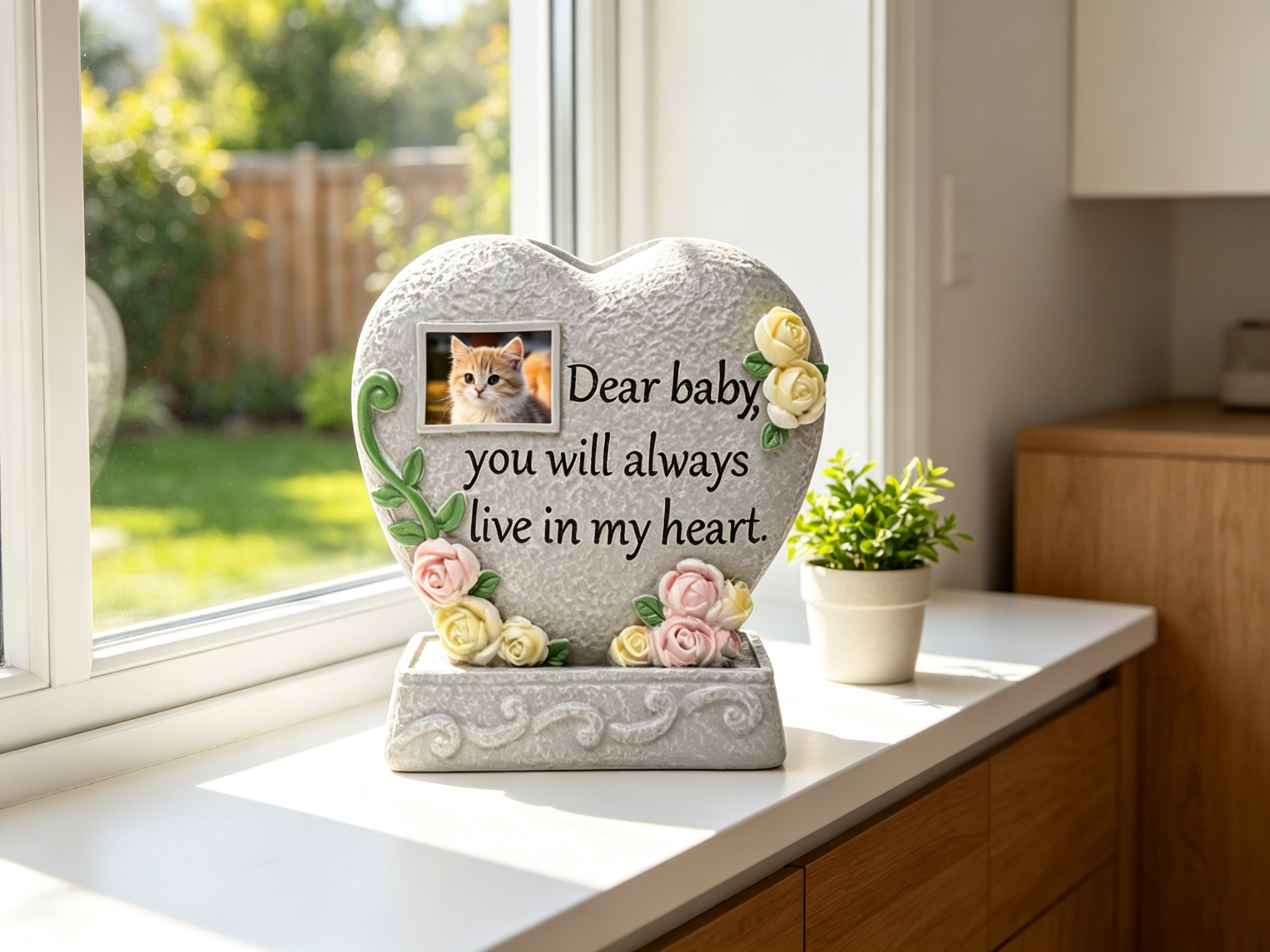 Heart shaped pet memorial urn on a bright windowsill with sunlight and green plant β hopeful pet keepsake