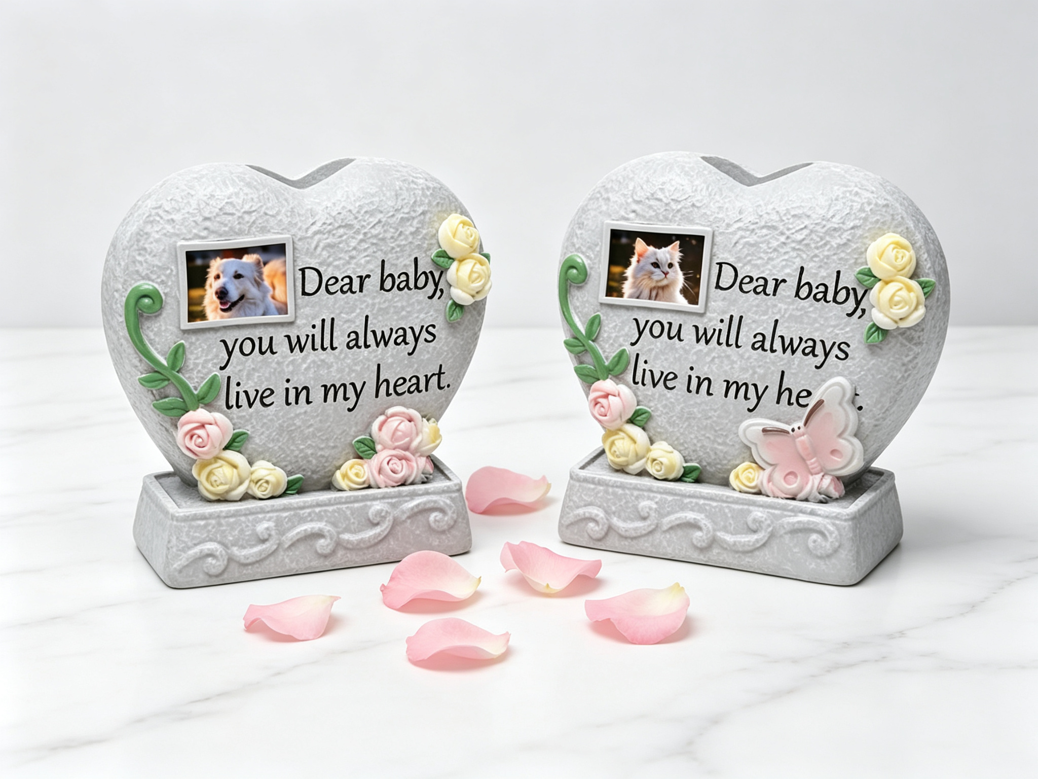 Two resin pet memorial stone urns side by side β heart shaped and garden stone style for dog and cat ashes